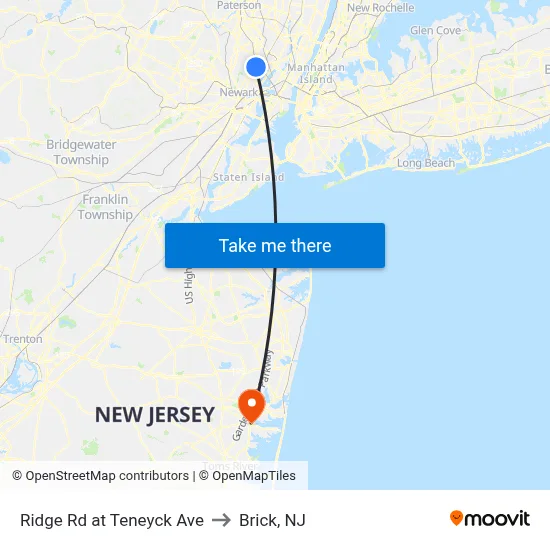 Ridge Rd at Teneyck Ave to Brick, NJ map
