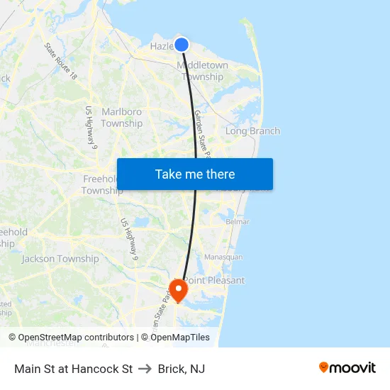 Main St at Hancock St to Brick, NJ map