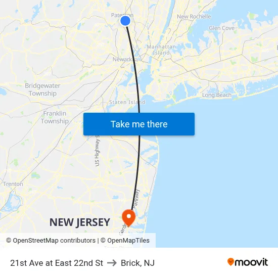 21st Ave at East 22nd St to Brick, NJ map