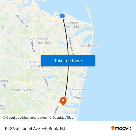 Rt-36 at Laurel Ave to Brick, NJ map