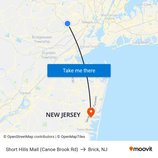 Short Hills Mall (Canoe Brook Rd) to Brick, NJ map