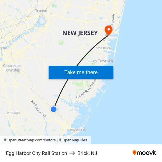 Egg Harbor City Rail Station to Brick, NJ map