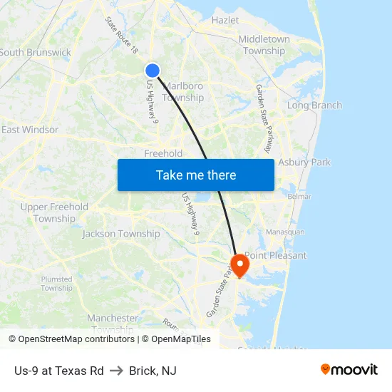 Us-9 at Texas Rd to Brick, NJ map