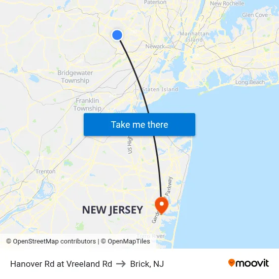 Hanover Rd at Vreeland Rd to Brick, NJ map