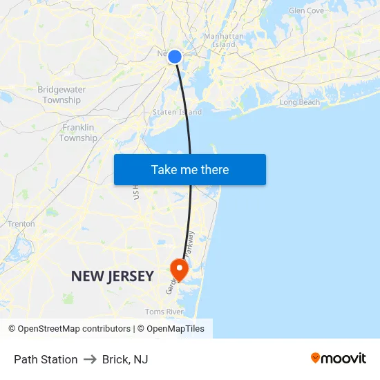Path Station to Brick, NJ map