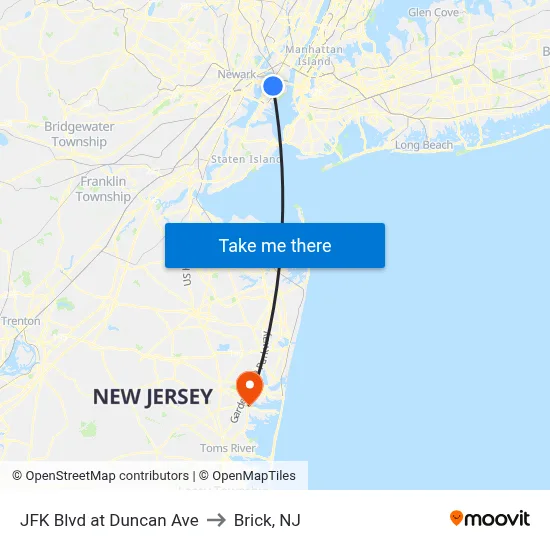 JFK Blvd at Duncan Ave to Brick, NJ map