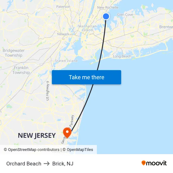 Orchard Beach to Brick, NJ map