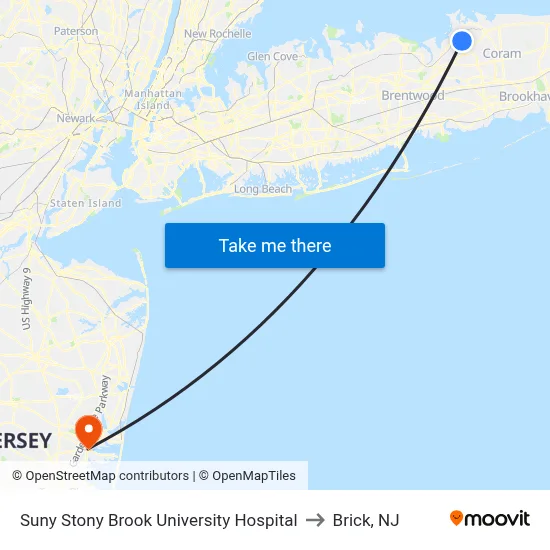 Suny Stony Brook University Hospital to Brick, NJ map
