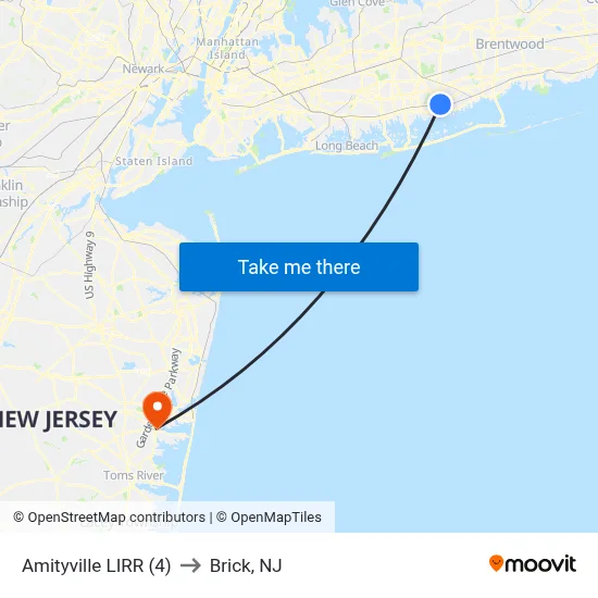 Amityville LIRR (4) to Brick, NJ map