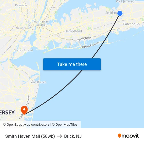 Smith Haven Mall (58wb) to Brick, NJ map