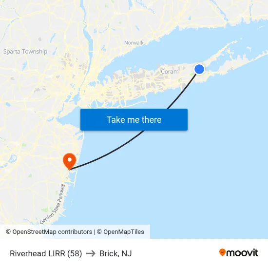 Riverhead LIRR (58) to Brick, NJ map