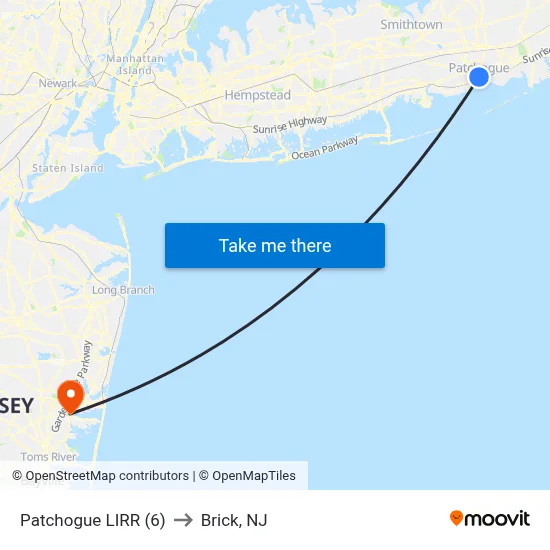 Patchogue LIRR (6) to Brick, NJ map