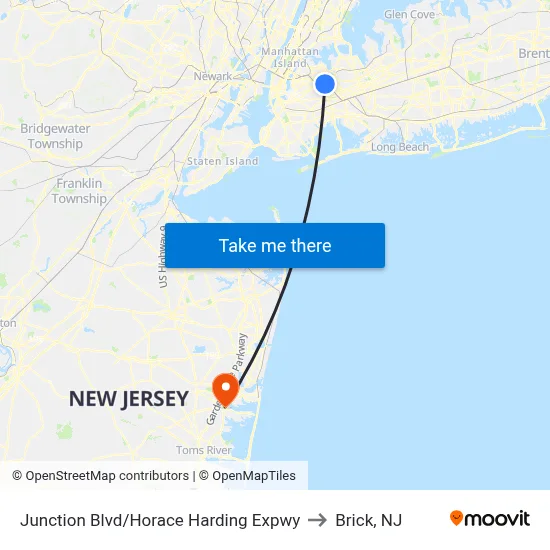 Junction Blvd/Horace Harding Expwy to Brick, NJ map