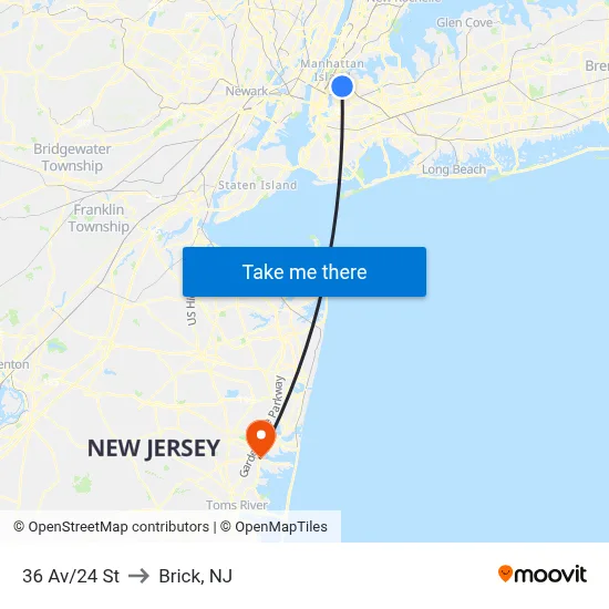 36 Av/24 St to Brick, NJ map