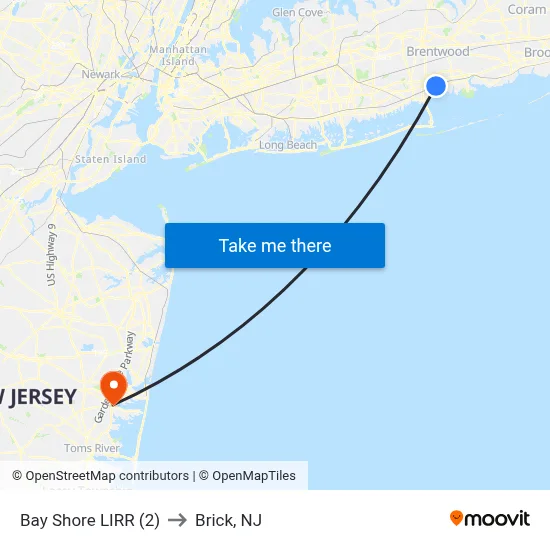 Bay Shore LIRR (2) to Brick, NJ map