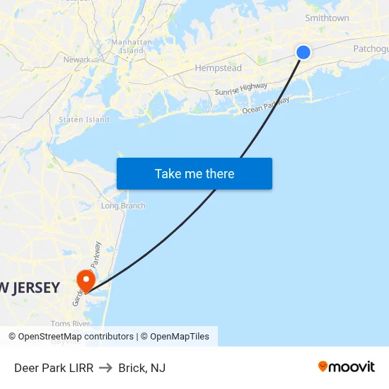 Deer Park LIRR to Brick, NJ map