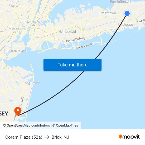 Coram Plaza (52a) to Brick, NJ map