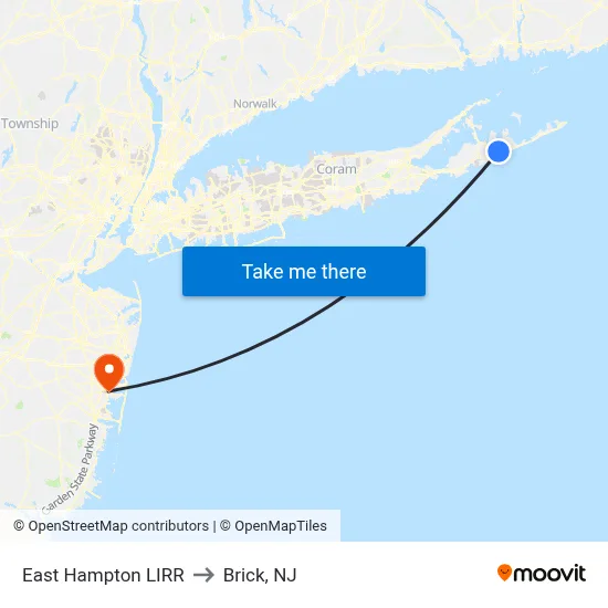 East Hampton LIRR to Brick, NJ map