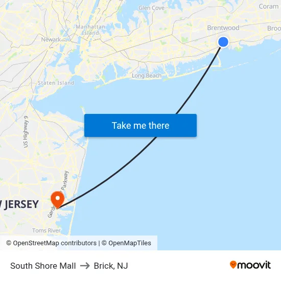 South Shore Mall to Brick, NJ map