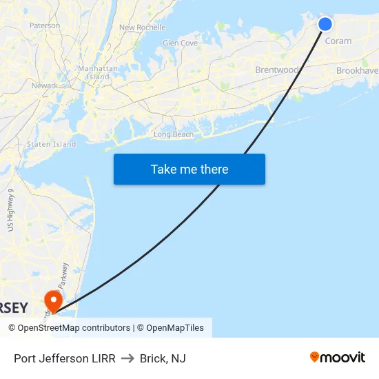Port Jefferson LIRR to Brick, NJ map