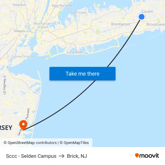 Sccc - Selden Campus to Brick, NJ map