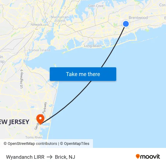 Wyandanch LIRR to Brick, NJ map