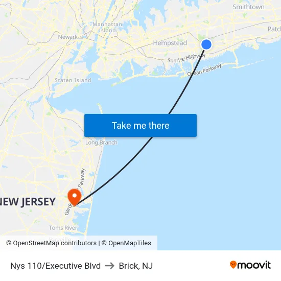 Nys 110/Executive Blvd to Brick, NJ map
