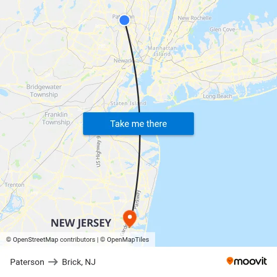 Paterson to Brick, NJ map
