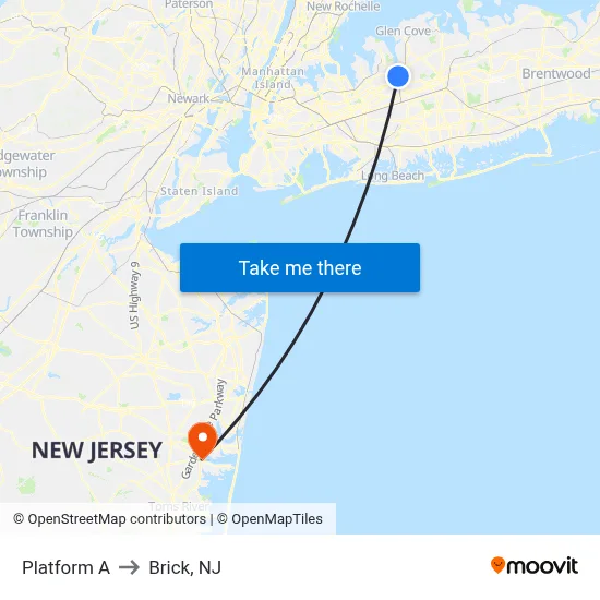 Platform A to Brick, NJ map