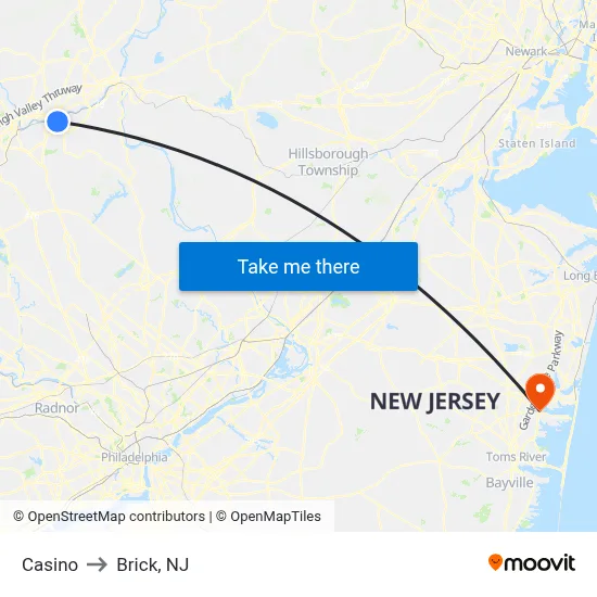 Casino to Brick, NJ map