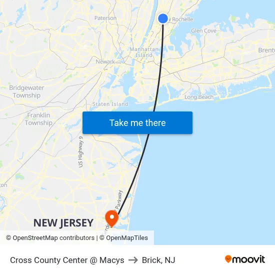 Cross County Center @ Macys to Brick, NJ map