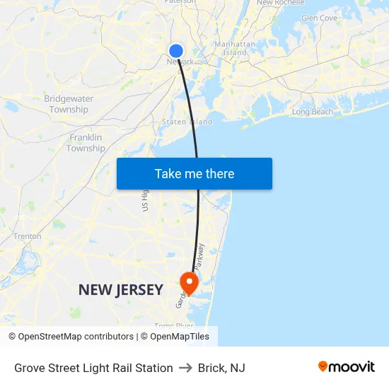 Grove Street Light Rail Station to Brick, NJ map