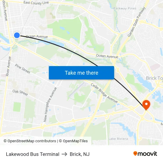 Lakewood Bus Terminal to Brick, NJ map