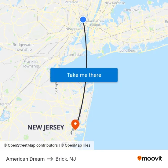 American Dream to Brick, NJ map
