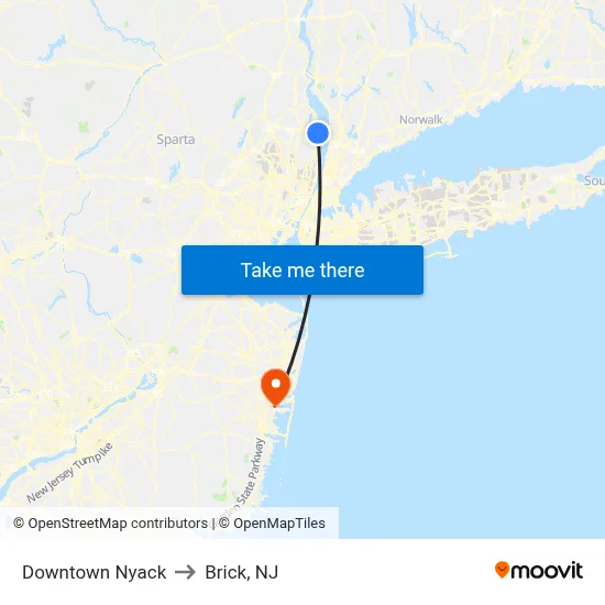 Downtown Nyack to Brick, NJ map
