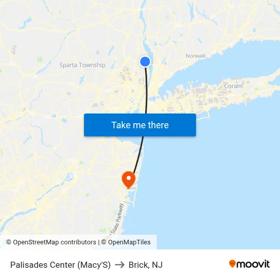 Palisades Center (Macy'S) to Brick, NJ map