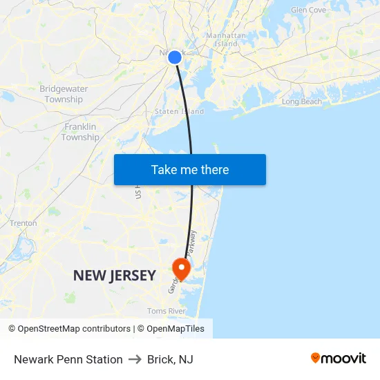 Newark Penn Station to Brick, NJ map