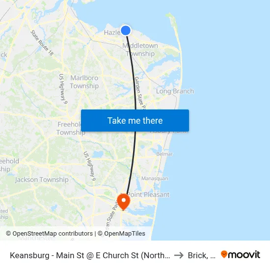 Keansburg -  Main St @ E Church St (Northbound) to Brick, NJ map