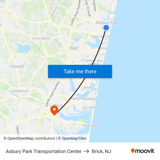 Asbury Park Transportation Center to Brick, NJ map