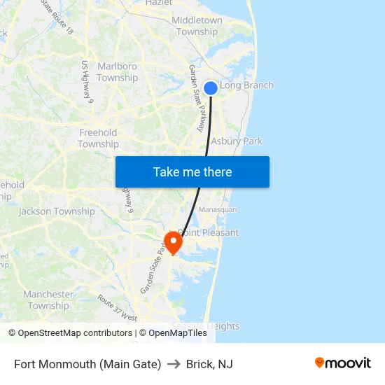 Fort Monmouth (Main Gate) to Brick, NJ map