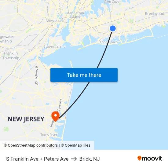 S Franklin Ave + Peters Ave to Brick, NJ map