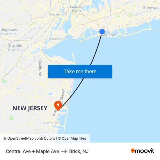 Central Ave + Maple Ave to Brick, NJ map