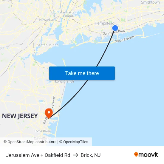 Jerusalem Ave + Oakfield Rd to Brick, NJ map