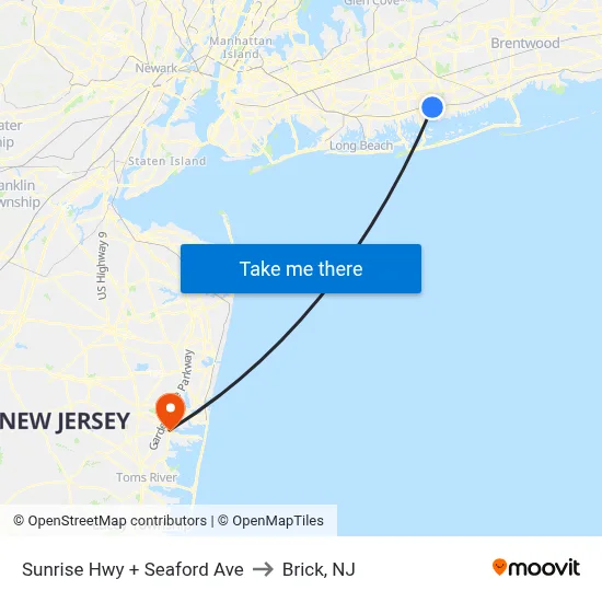 Sunrise Hwy + Seaford Ave to Brick, NJ map