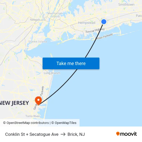 Conklin St + Secatogue Ave to Brick, NJ map
