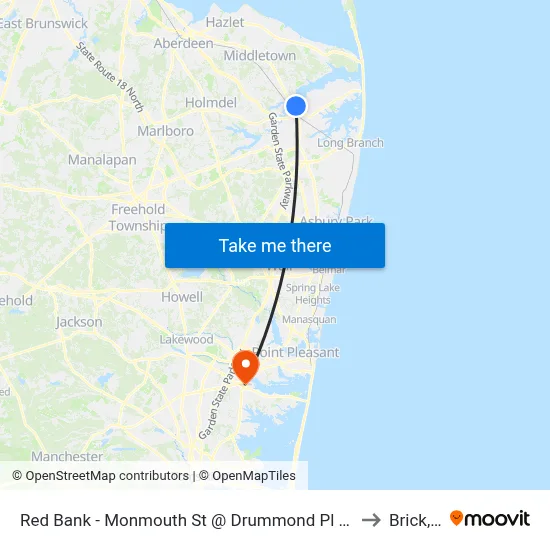 Red Bank - Monmouth St @ Drummond Pl (Southbound) to Brick, NJ map