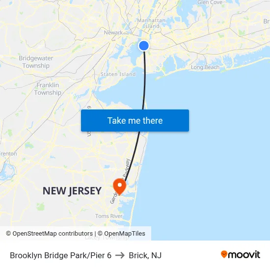 Brooklyn Bridge Park/Pier 6 to Brick, NJ map