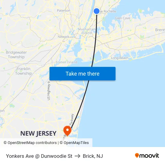Yonkers Ave @ Dunwoodie St to Brick, NJ map