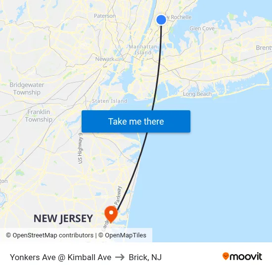 Yonkers Ave @ Kimball Ave to Brick, NJ map