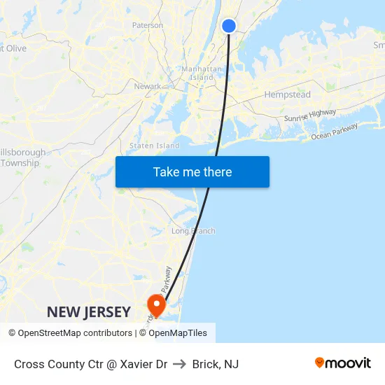 Cross County Ctr @ Xavier Dr to Brick, NJ map